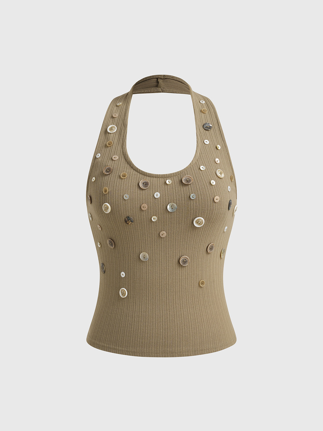Brick Lane Halter Rhinestone Knitted Tank - Khaki
