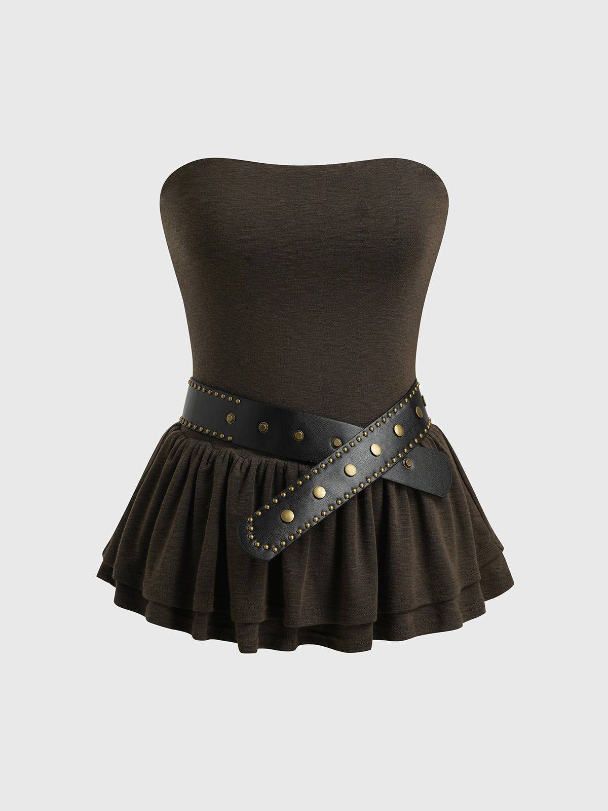 Brick Lane Skimming Belted Peplum Tube Top - Dark Brown
