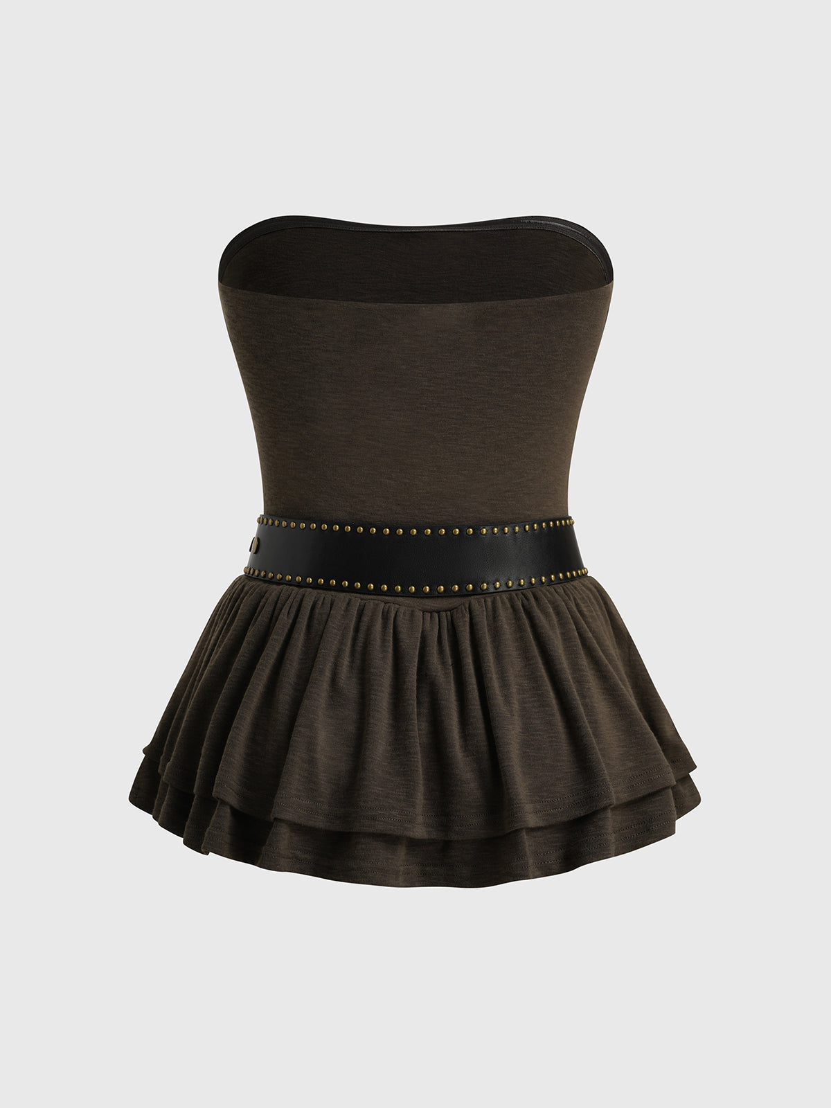 Brick Lane Skimming Belted Peplum Tube Top - Dark Brown