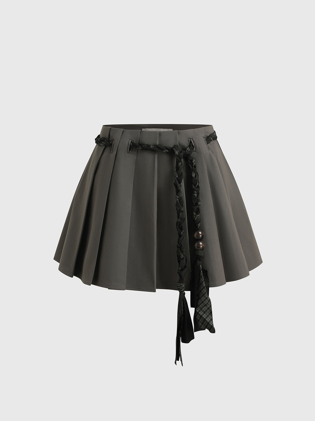 Brick Lane A-line Pleated Mini Skirt with Sash - Grey