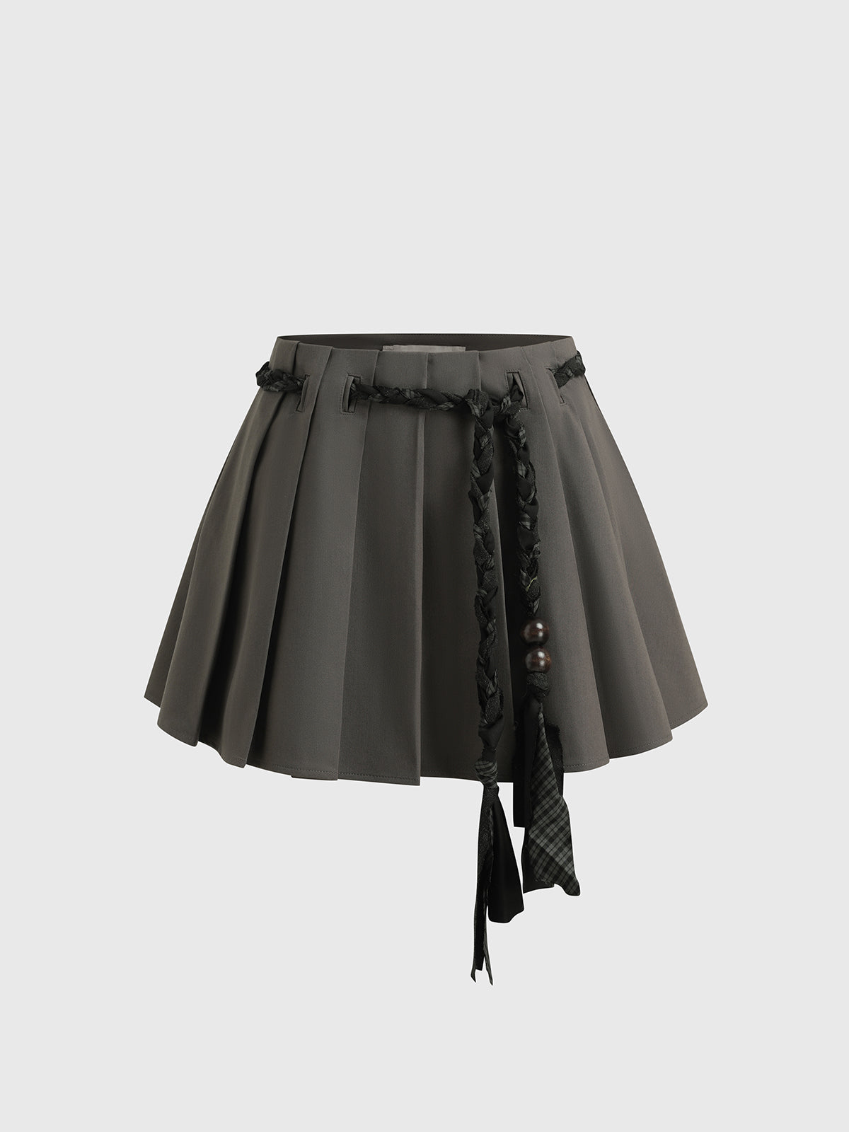 Brick Lane A-line Pleated Mini Skirt with Sash - Grey