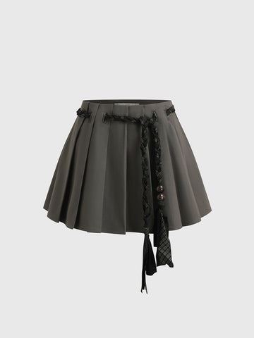Brick Lane A-line Pleated Mini Skirt with Sash - Grey