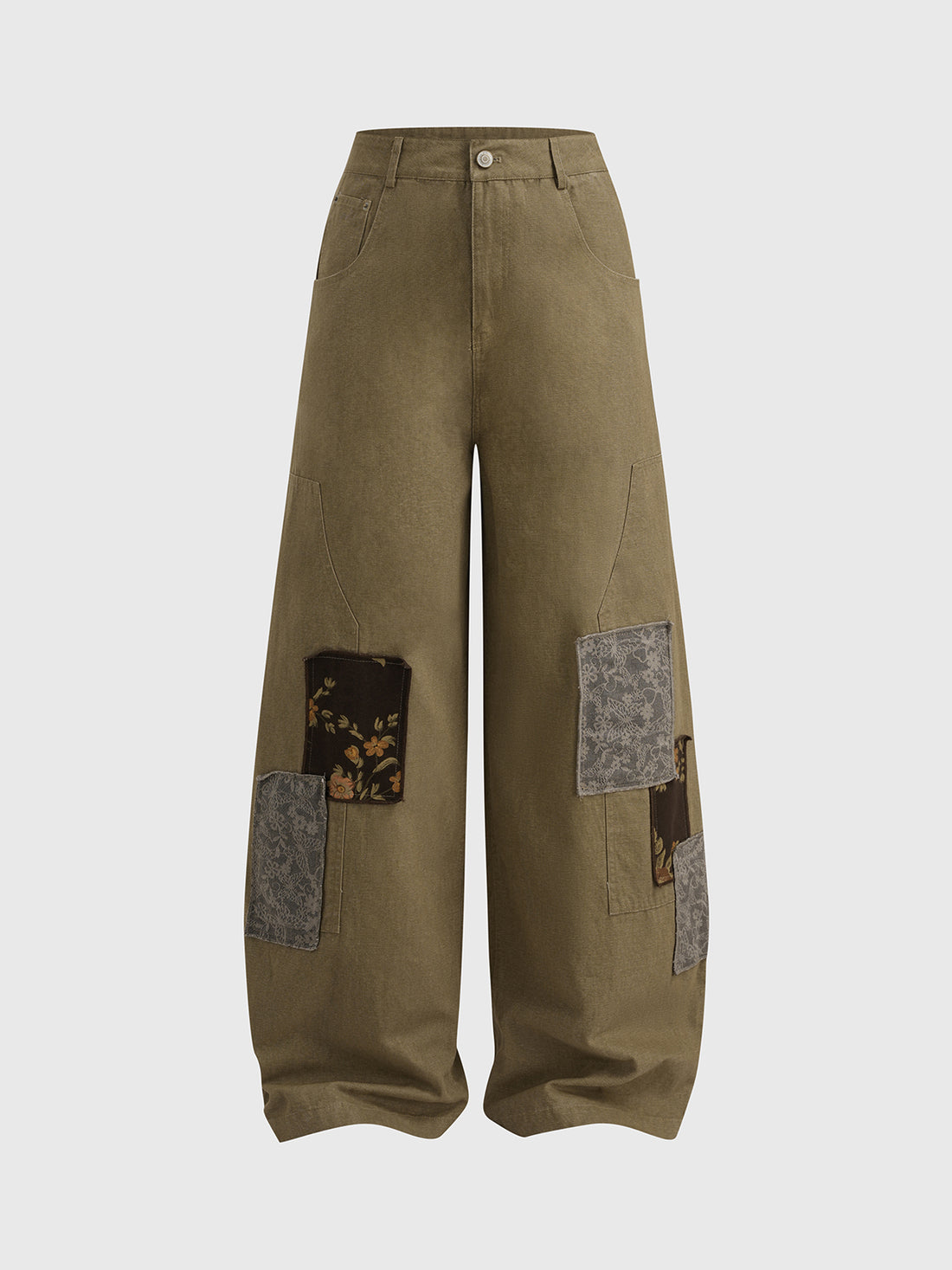 Brick Lane Curved Cut Patchwork Cargo Pants - Olive