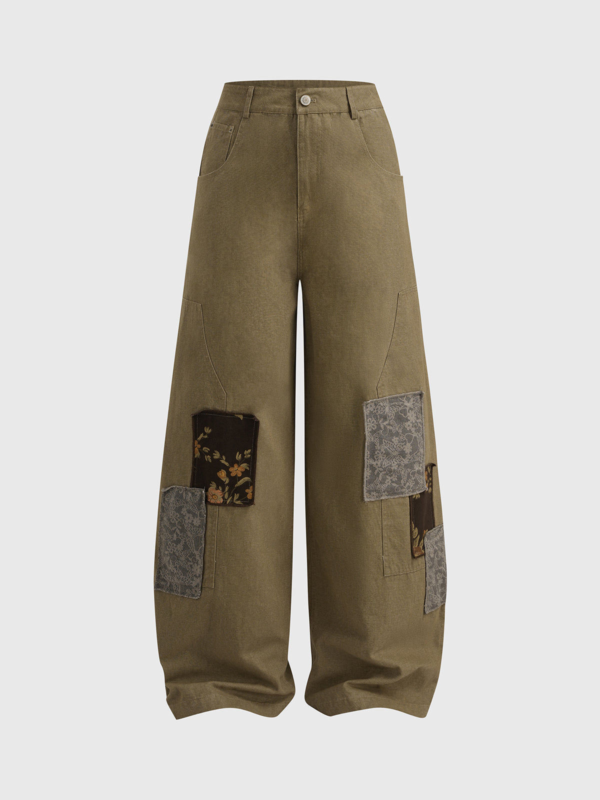 Brick Lane Curved Cut Patchwork Cargo Pants - Olive