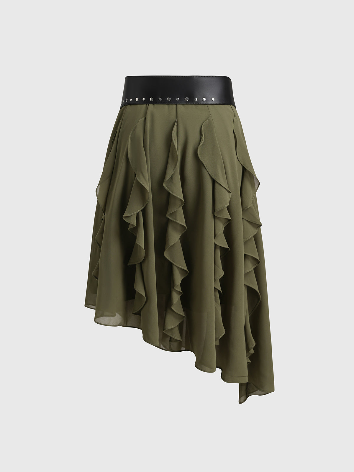 Brick Lane Asymmetric Ruffle Belted Skirt - Olive