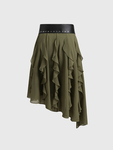 Brick Lane Asymmetric Ruffle Belted Skirt - Olive