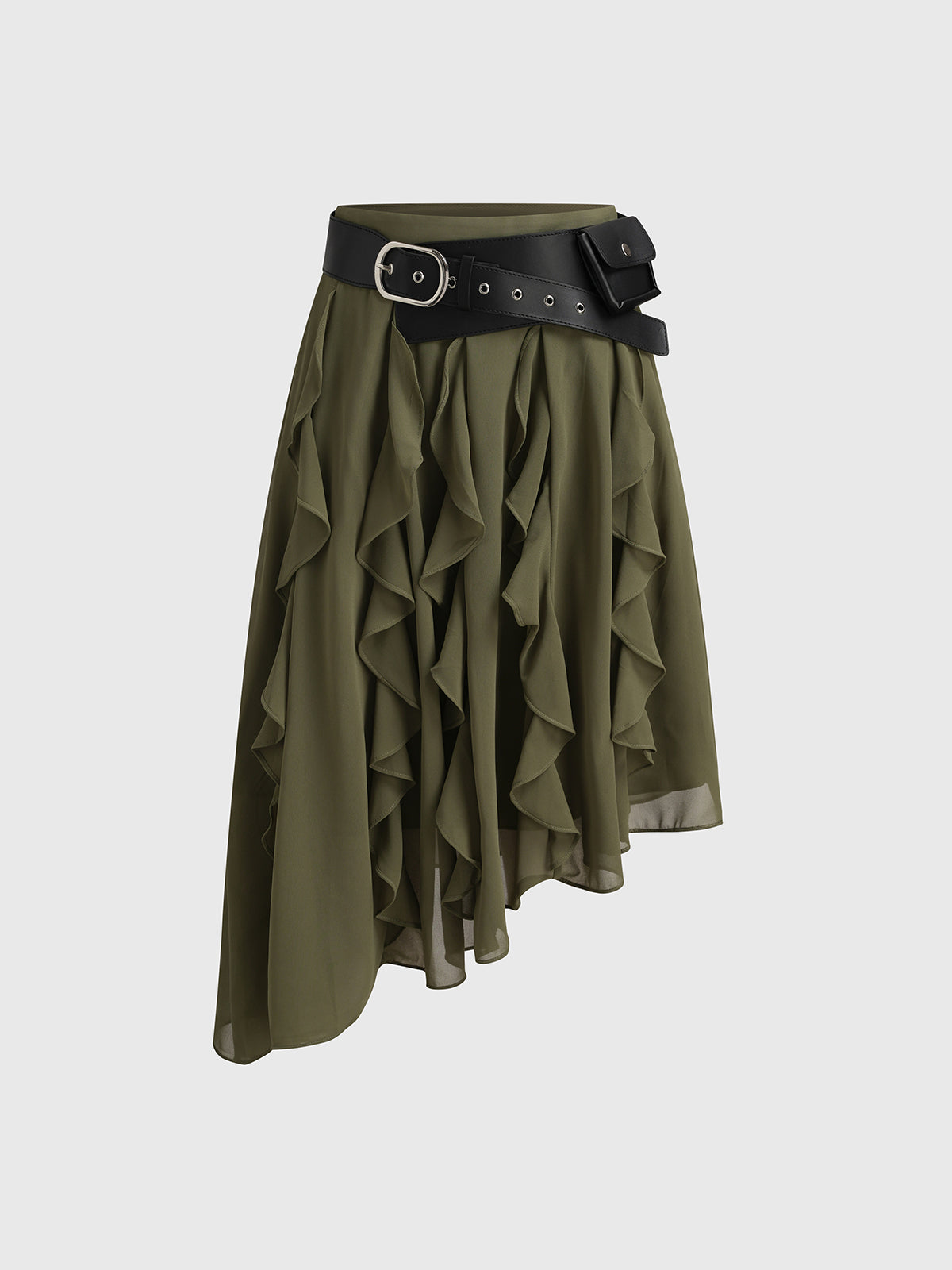 Brick Lane Asymmetric Ruffle Belted Skirt - Olive