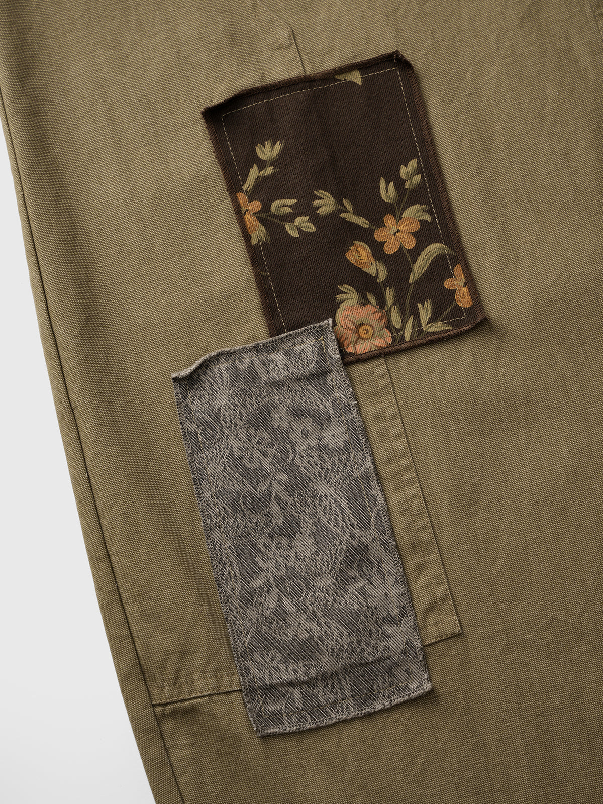 Brick Lane Curved Cut Patchwork Cargo Pants - Olive
