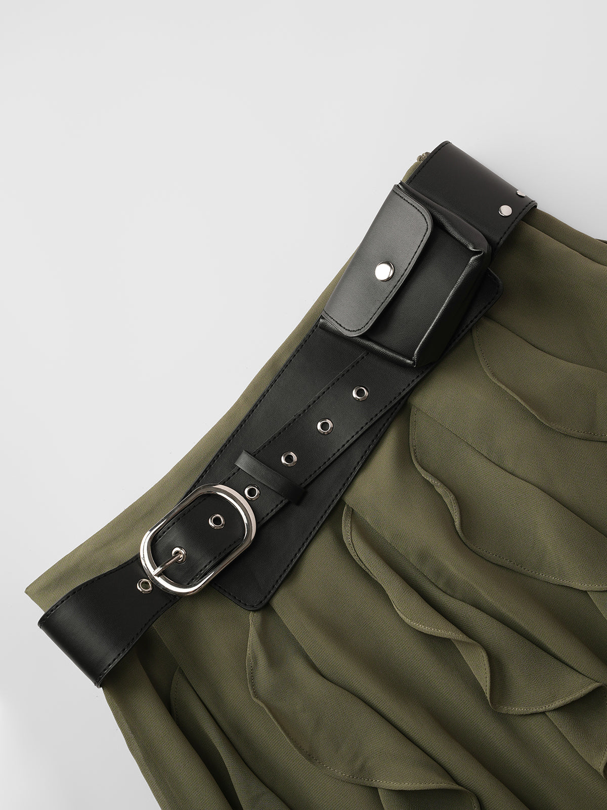 Brick Lane Asymmetric Ruffle Belted Skirt - Olive