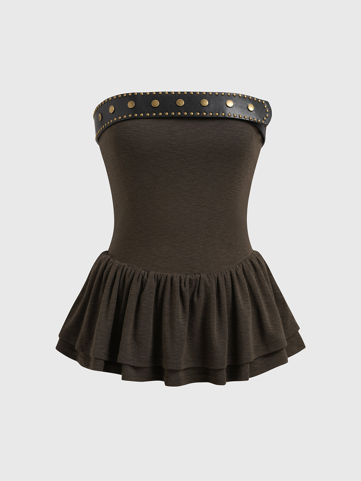 Brick Lane Skimming Belted Peplum Tube Top - Dark Brown