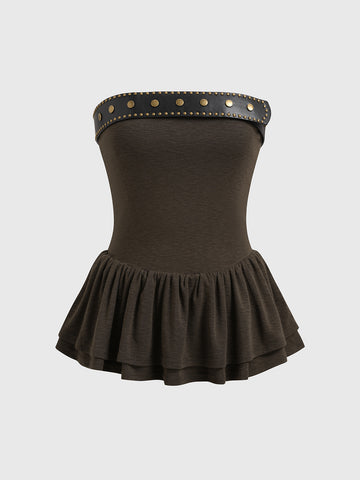 Brick Lane Skimming Belted Peplum Tube Top - Dark Brown