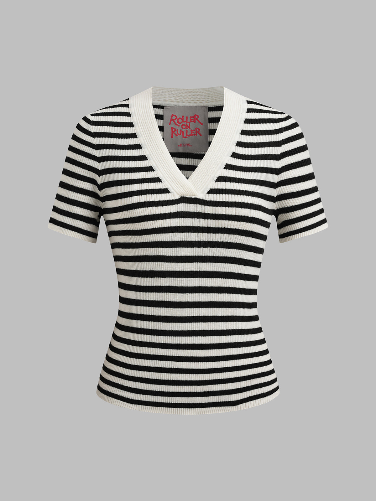 Dolled Office V-neck Stripe Contrast Trim Tee - Black/White