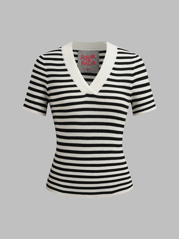 Dolled Office V-neck Stripe Contrast Trim Tee - Black/White