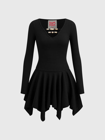 Brick Lane V-neck Asymmetric Hem Mini Dress - Black
