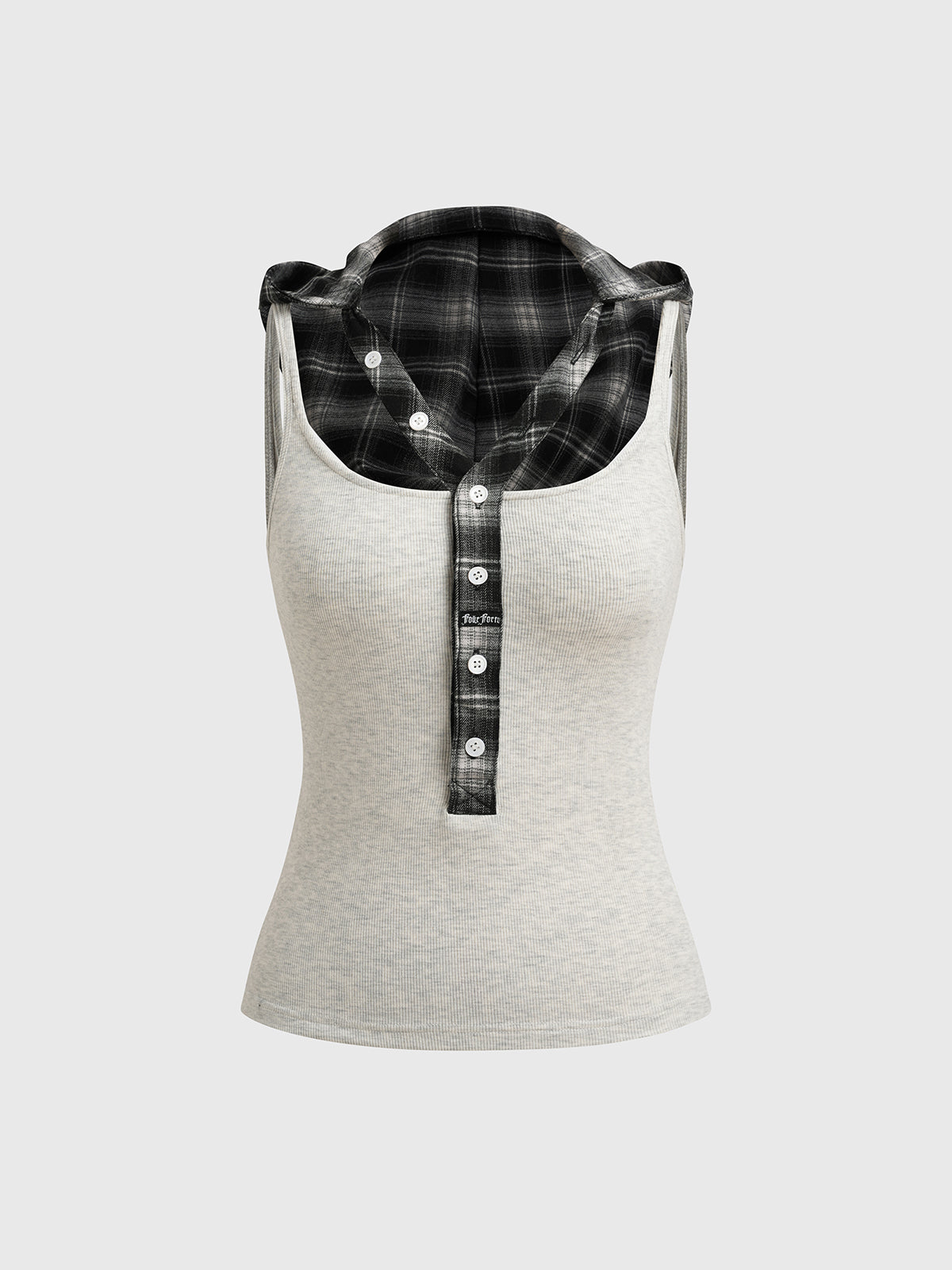 Brick Lane Layered-look Check Plaid Cami Top - White/Grey