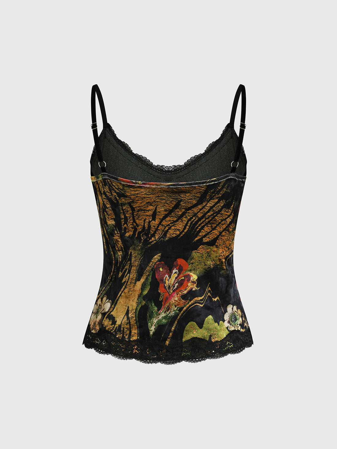 Brick Lane Skimming Lace Trim Vintage Floral Cami - Black