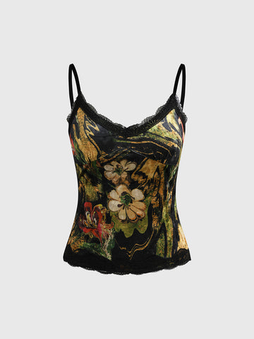 Brick Lane Skimming Lace Trim Vintage Floral Cami - Black