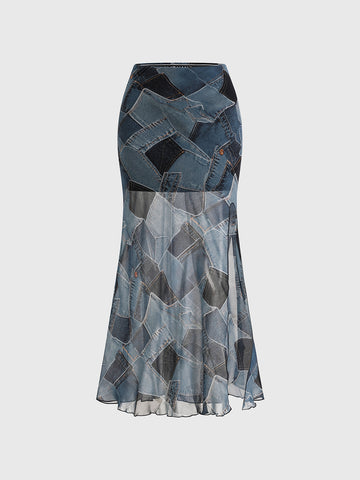 Brick Lane Abstract Graphic Straight Midi Skirt - Blue