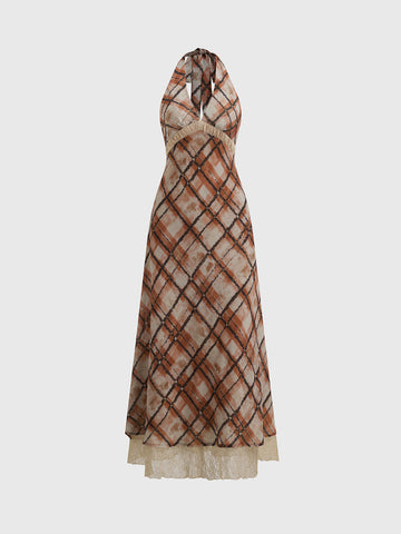 Brick Lane V-neck Halter Graphic Print Maxi Dress - Brown