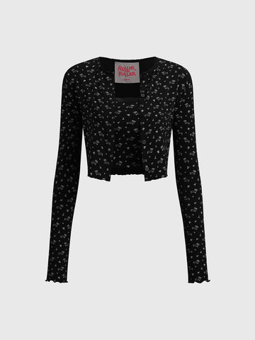 Brick Lane Cropped Retro Floral Graphic Top - Black