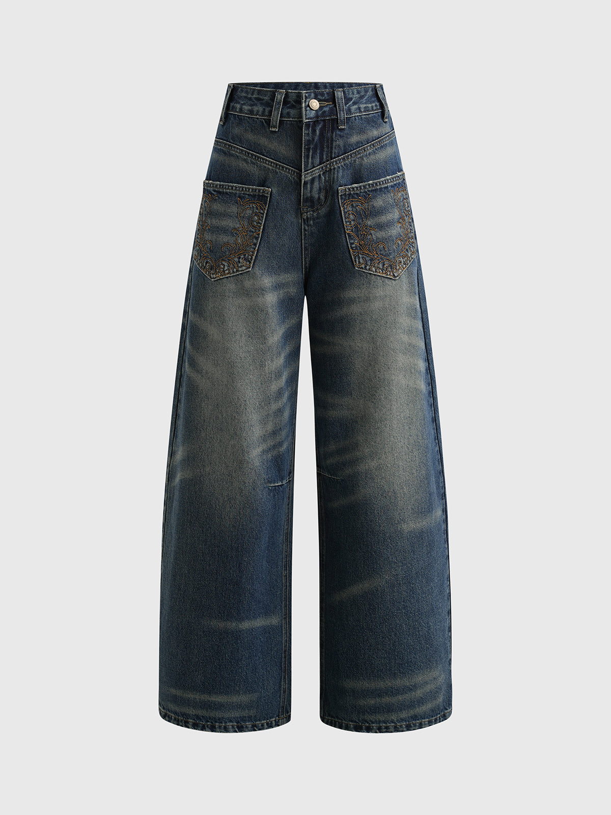 Brick Lane Curved Cut Embroidered Washed Jeans - Blue