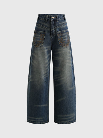 Brick Lane Curved Cut Embroidered Washed Jeans - Blue