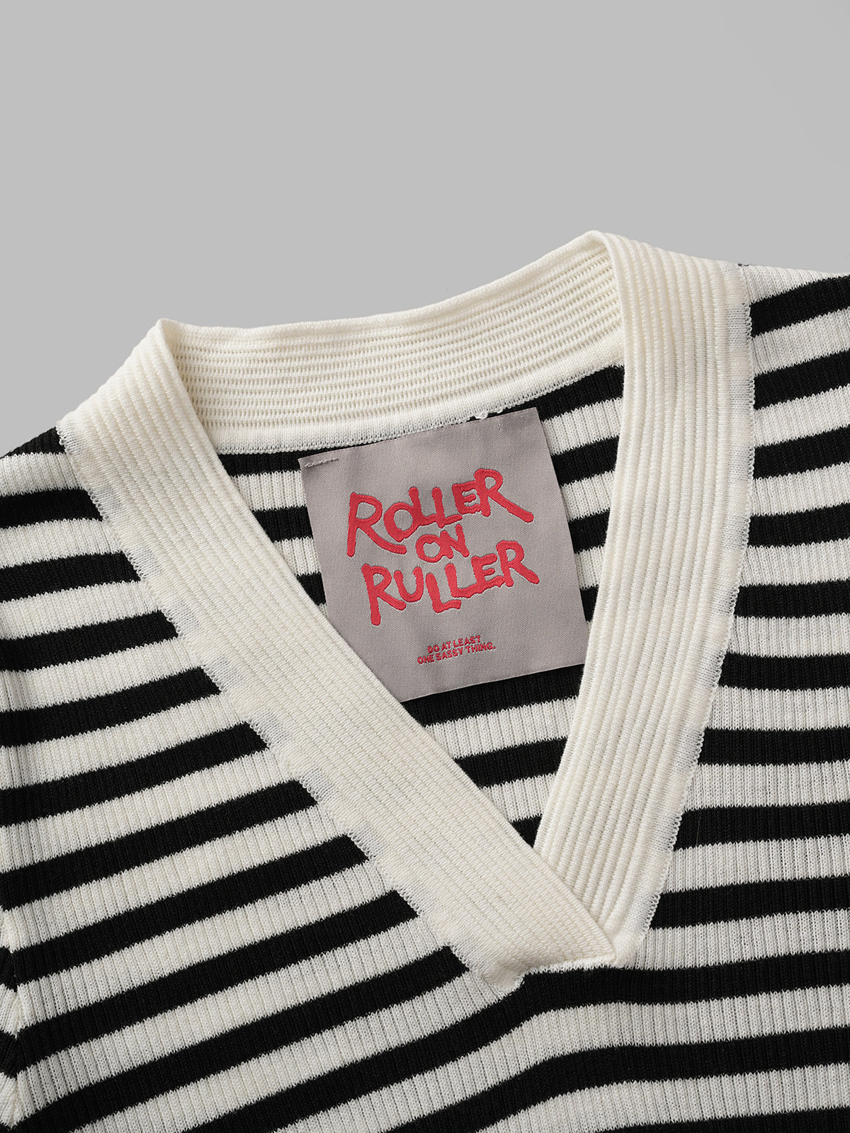 Dolled Office V-neck Stripe Contrast Trim Tee - Black/White