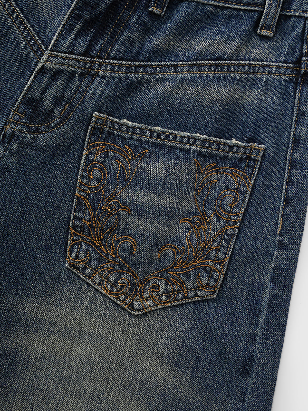 Brick Lane Curved Cut Embroidered Washed Jeans - Blue