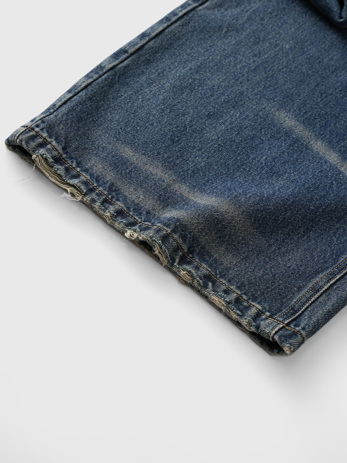 Brick Lane Curved Cut Embroidered Washed Jeans - Blue