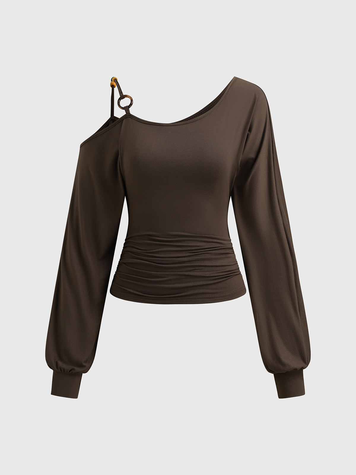 Brick Lane Asymmetric Cold-shoulder Tie-waist Long Sleeve - Coffee