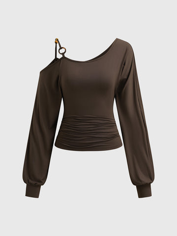 Brick Lane Asymmetric Cold-shoulder Tie-waist Long Sleeve - Coffee