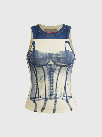 Brick Lane Skimming Denim Print Tank Top - Blue
