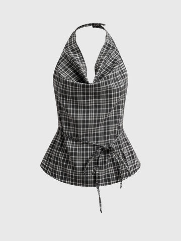 Brick Lane Halter Check Top - Black