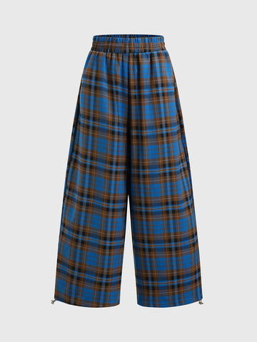 Co-ed Dorm Wide-leg Check Pants - Blue
