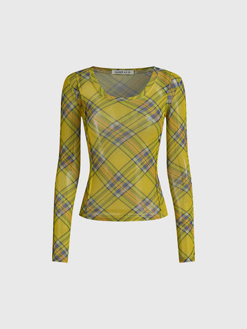 Brick Lane Skimming Mesh Check Top - Yellow
