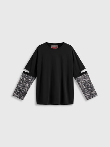 Co-ed Dorm Baggy Leopard Layered T-Shirt - Black