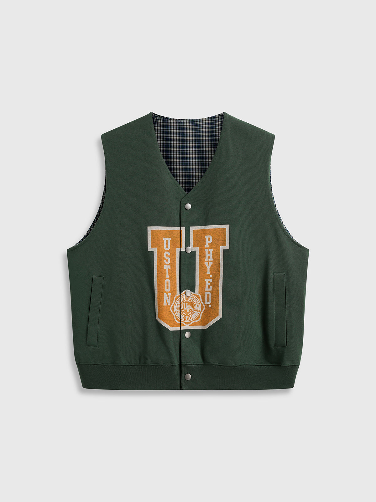 Co-ed Dorm Baggy Check Letter Vest - Green