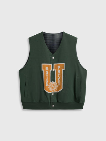 Co-ed Dorm Baggy Check Letter Vest - Green