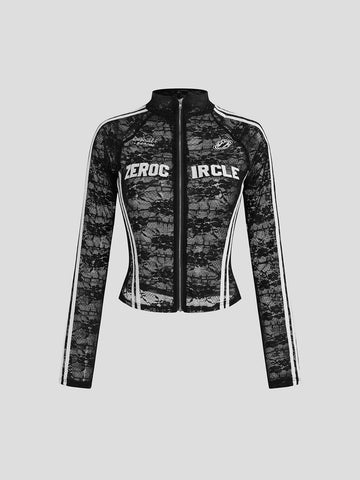 Circle Cut Lace Zip Jacket - Black White