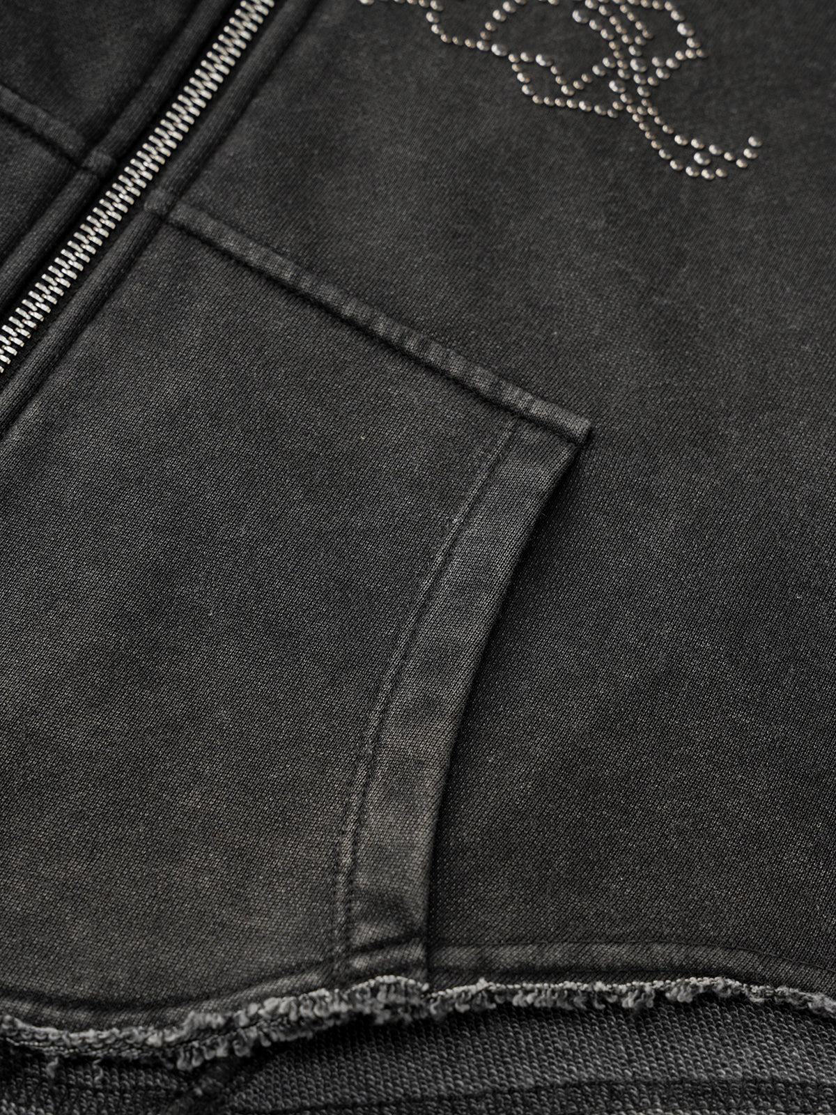 Cropped Studded Zip Hoodie – Washed Black