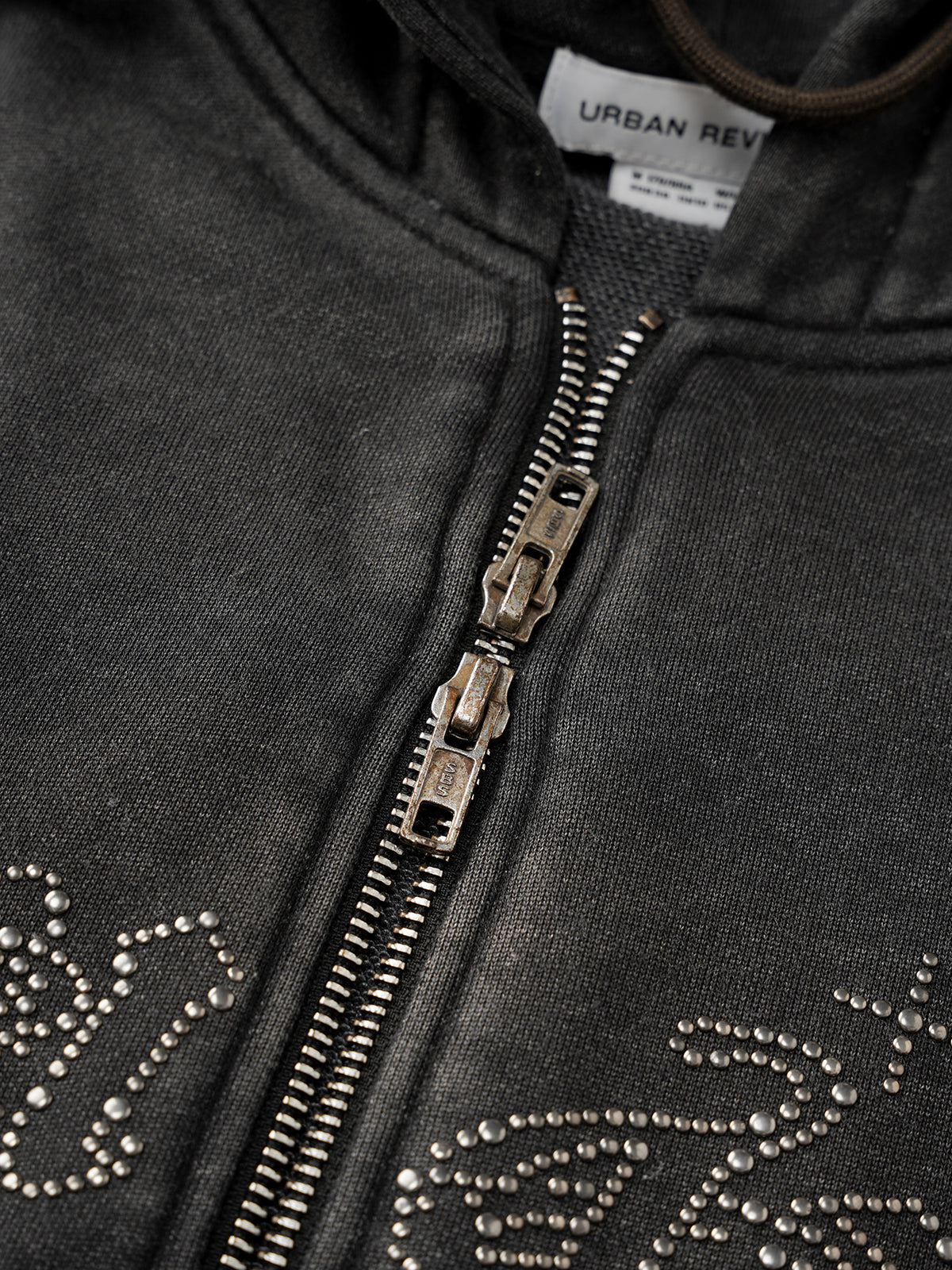 Cropped Studded Zip Hoodie – Washed Black