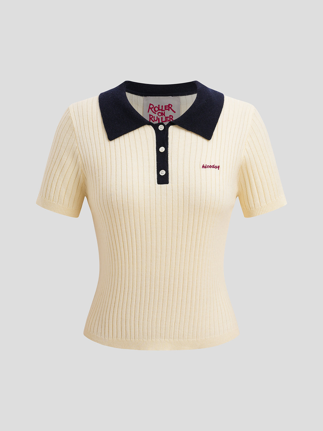 Retro Collar Polo Top - Ivory Navy