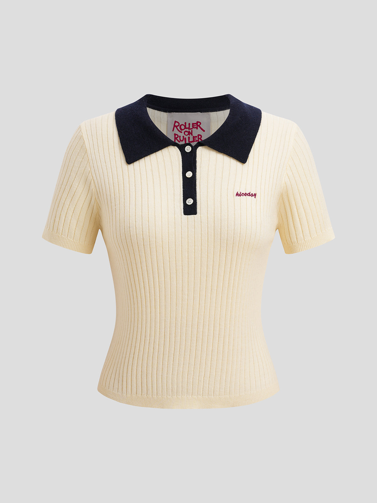 Retro Collar Polo Top - Ivory Navy