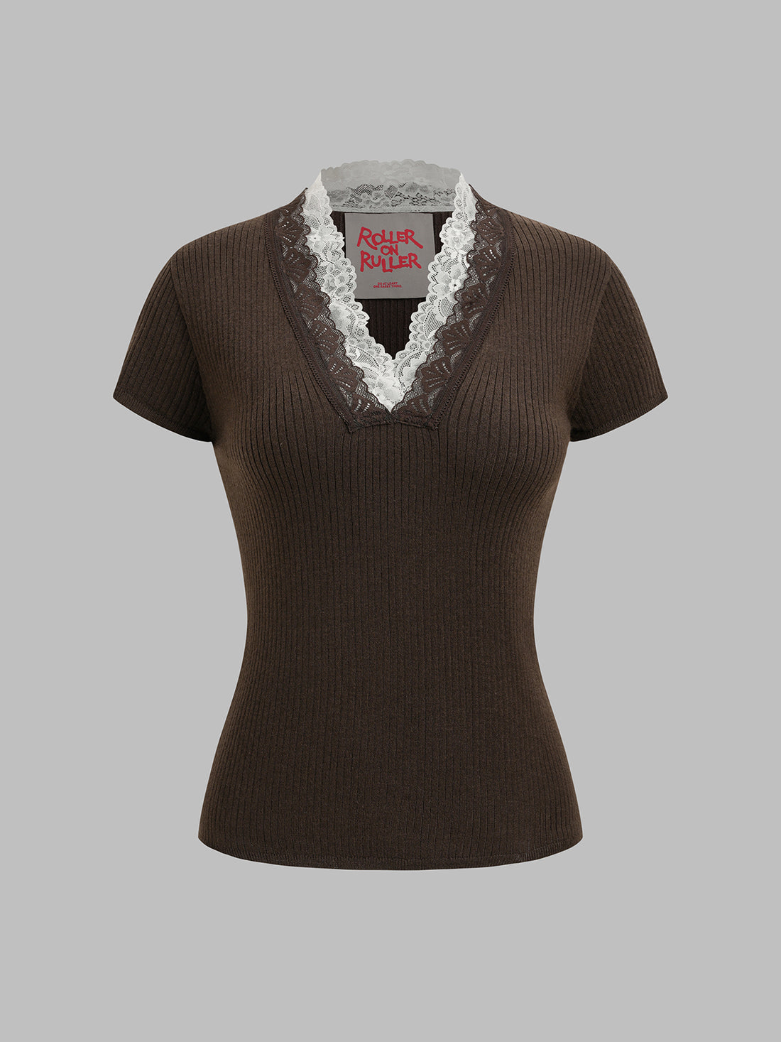 Lace Frame V-neck Tee - Mocha Brown