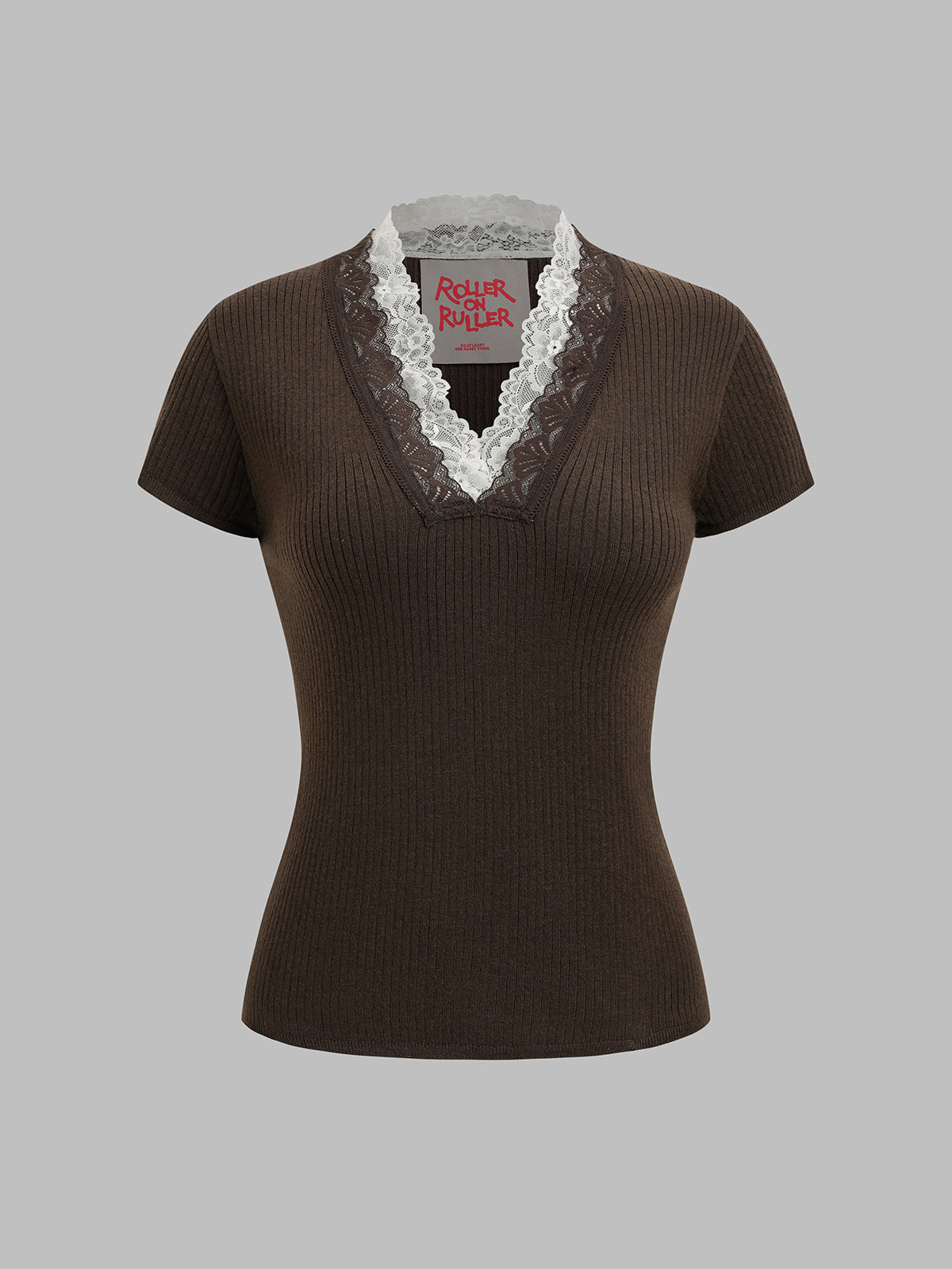 Lace Frame V-neck Tee - Mocha Brown