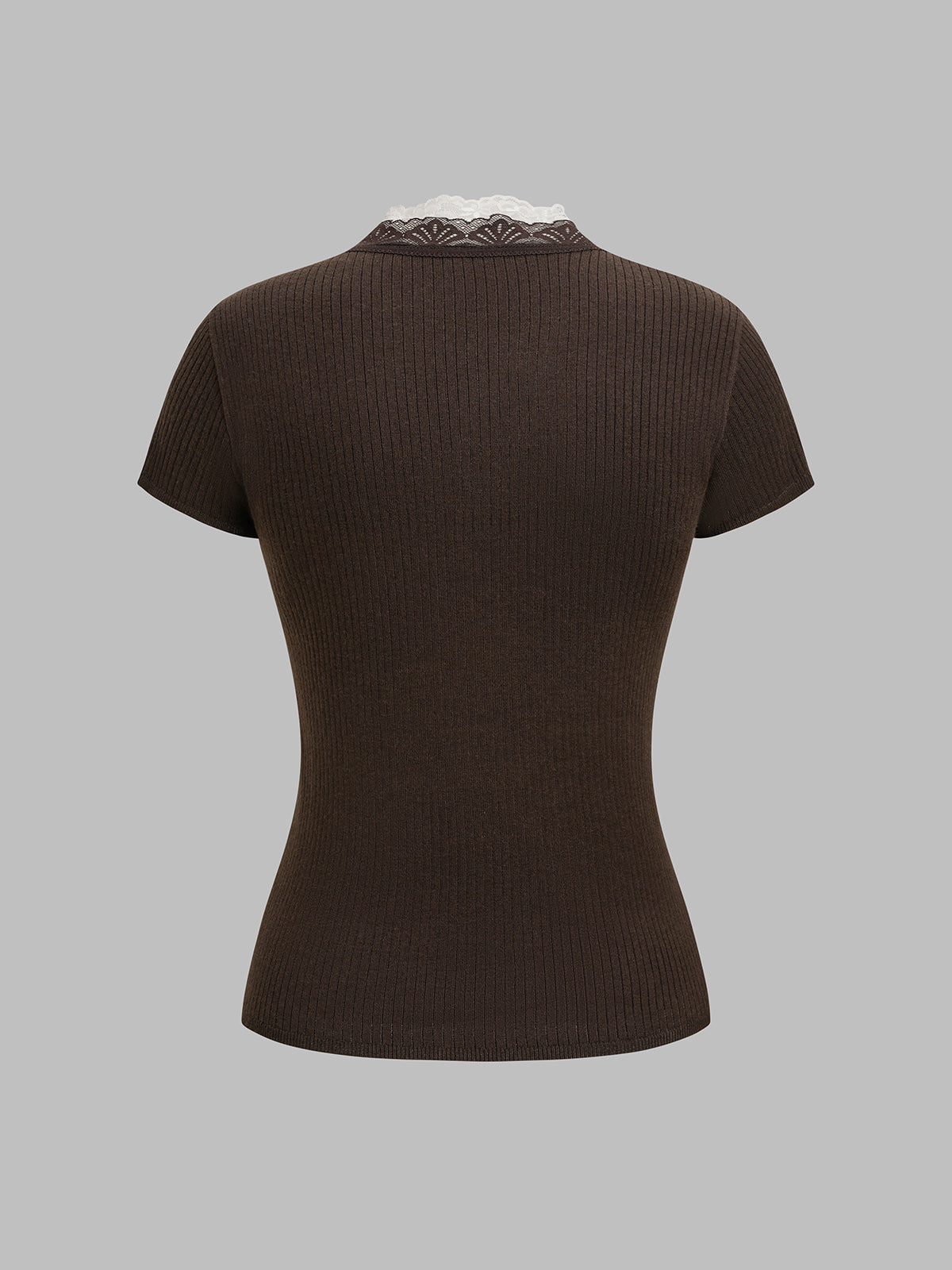Lace Frame V-neck Tee - Mocha Brown