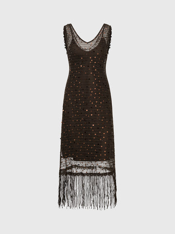 Clear Intent Sheer Column Maxi Dress –Cocoa Brown