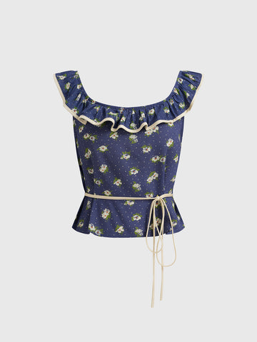 Petal Mood Ruffle Tank – Navy Bloom