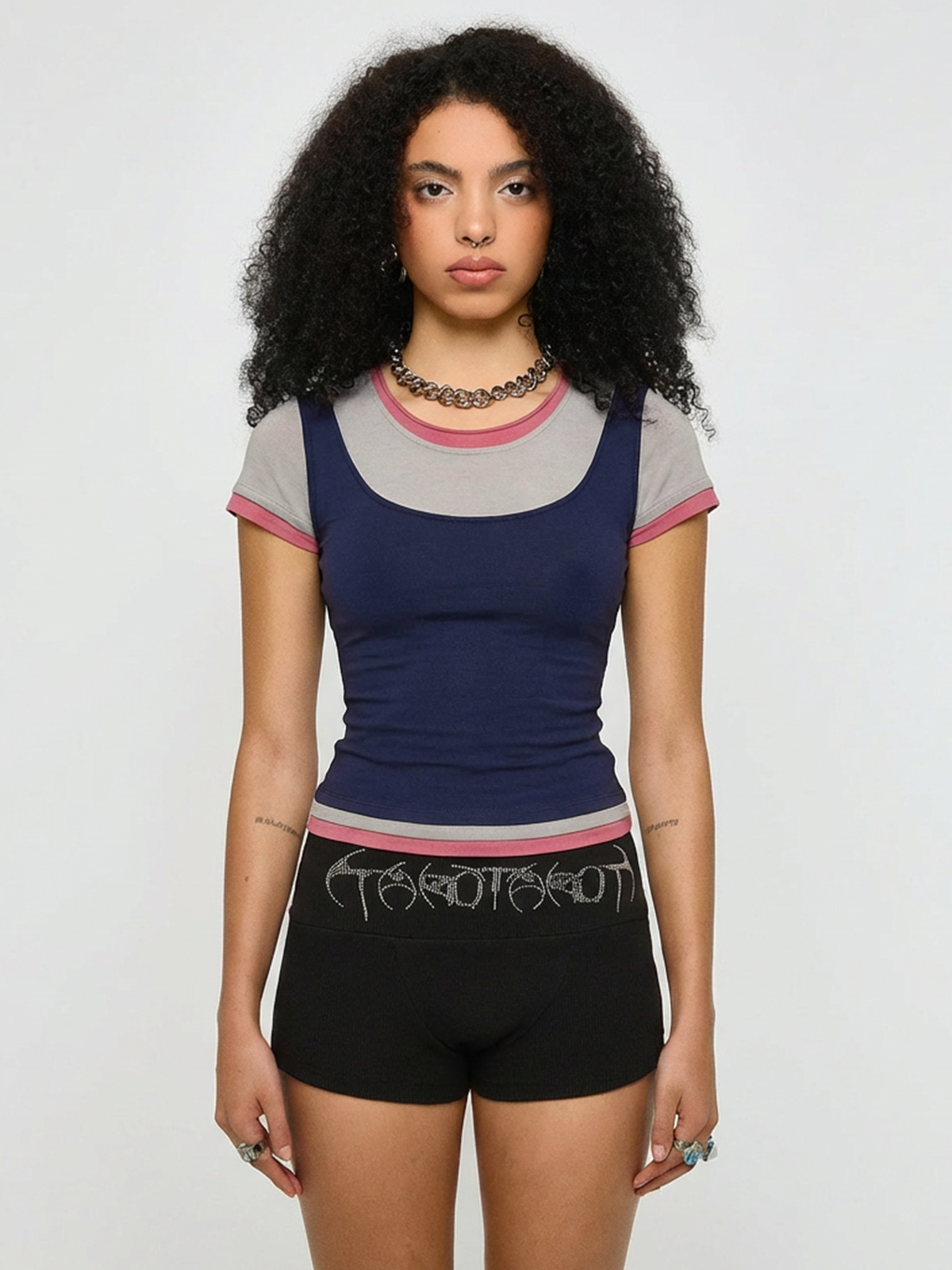 Split Mood Faux Layer Tee – Navy Red