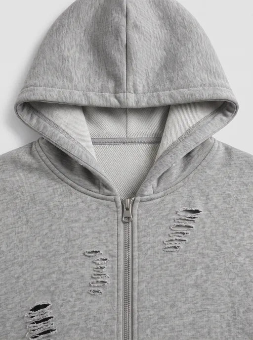 Co-ed Dorm Baggy Distressed Sleeveless Zip-up Hoodie - Grey